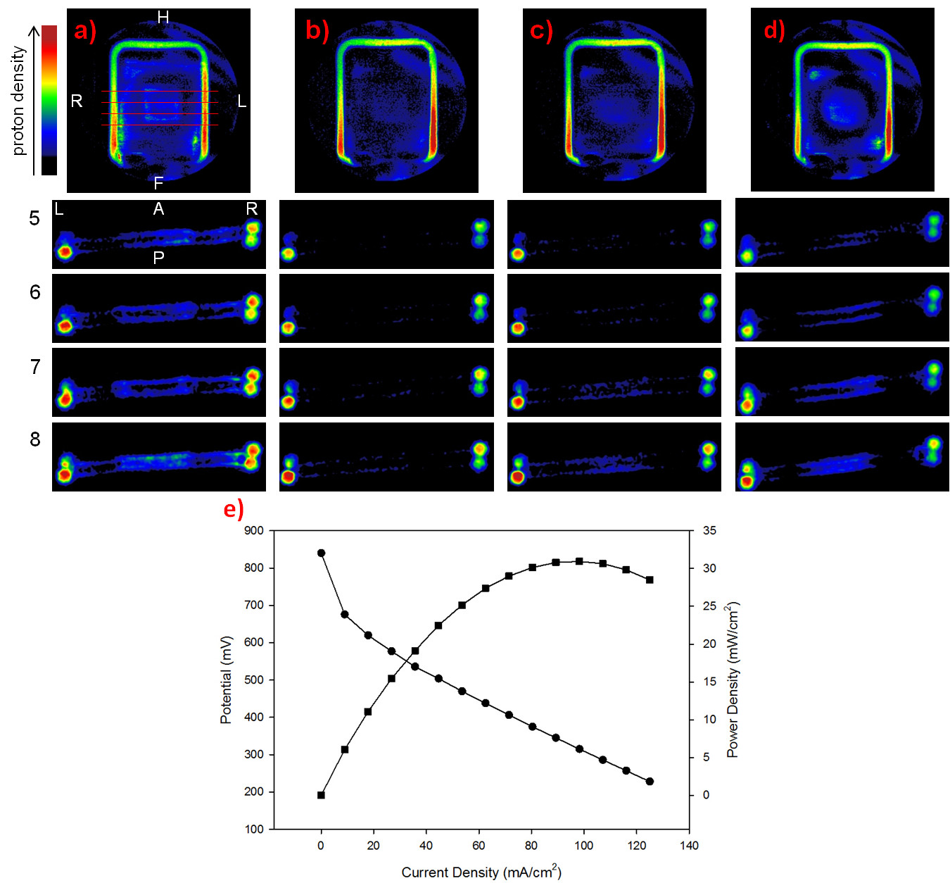 (a-d) Functional microimages under operando conditions of a polybenzimidazole membrane during working in fuel cell; (e) fuel cell polarization curve Functional microimages under operando conditions of a polybenzimidazole membrane during working in fuel cell