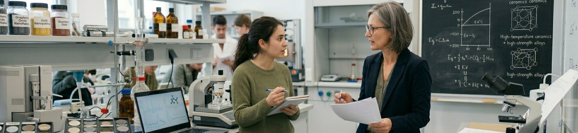 Studentessa parla con la sua tutor in un laboratorio chimico